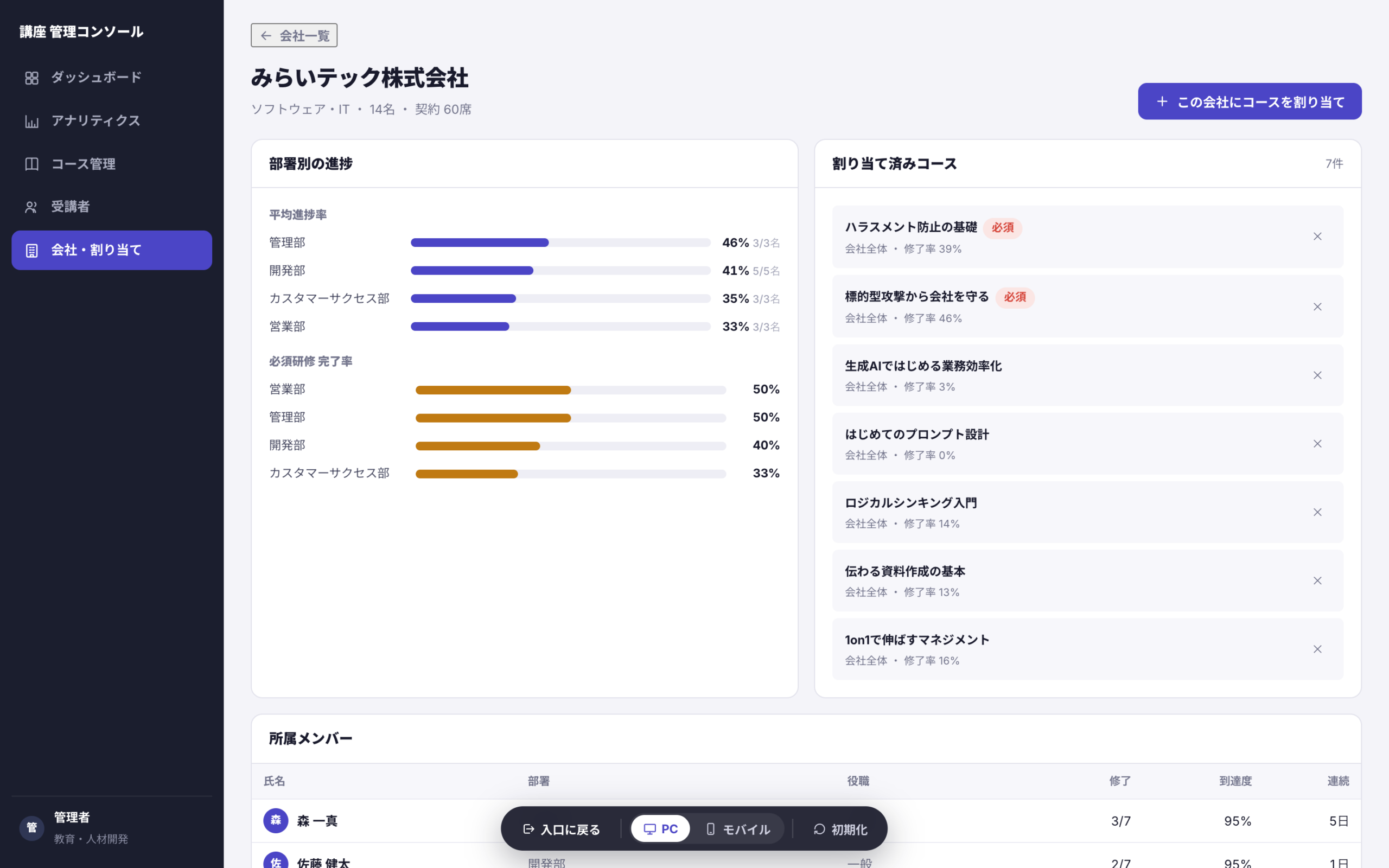 会社・部署への割り当て